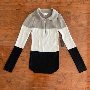 NWT Black White Gray Colorblock Quarter Zip Knit Sweater Long Sleeve Top